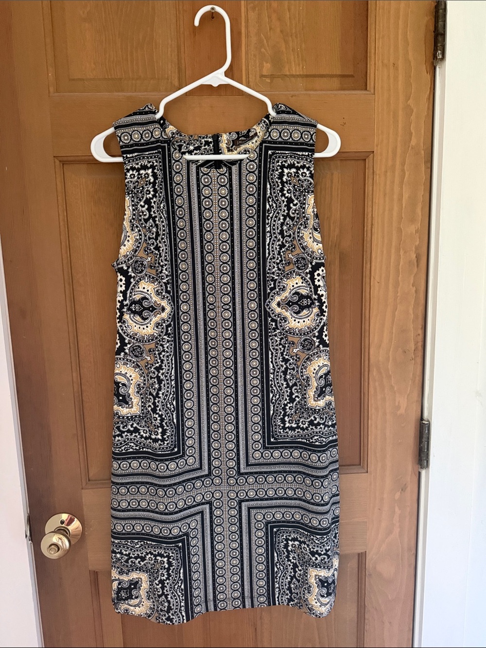 J McLaughlin tan, cream, black paisley dress